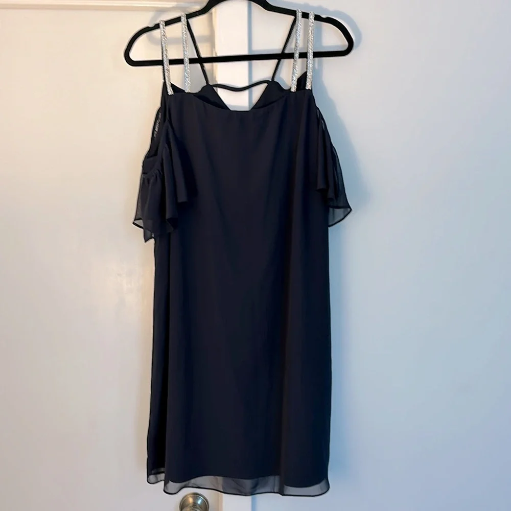 MSK Dress Size 14 Navy Blue Off the Shoulder Sheath‎ Sparkle Rhinestone Straps
